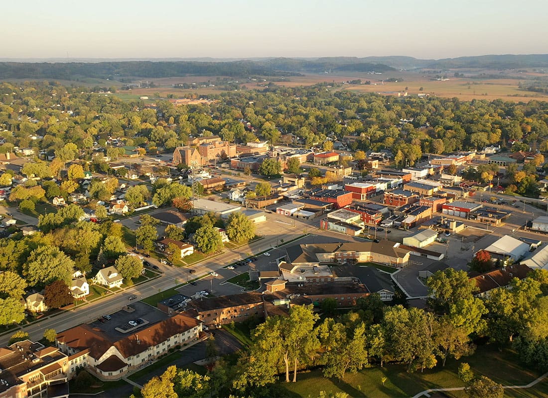 New Berlin, WI - Beautiful Over Head Aerial View of a Small Midwestern Town. Sparta, Wisconsin as the Sun is Setting